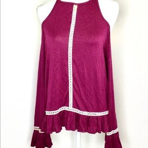 Etwo Cold Shoulder Long Sleeves Criss Cross Spaghetti Straps Back, Ruffled Hem.